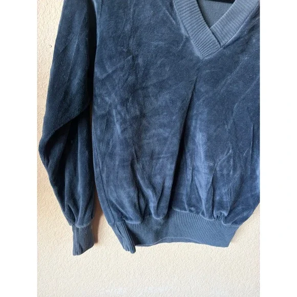 Vintage Velour V-Neck Pullover Sweater Blue Ribbed Trim Blouson XS Top Womens - Picture 6 of 7